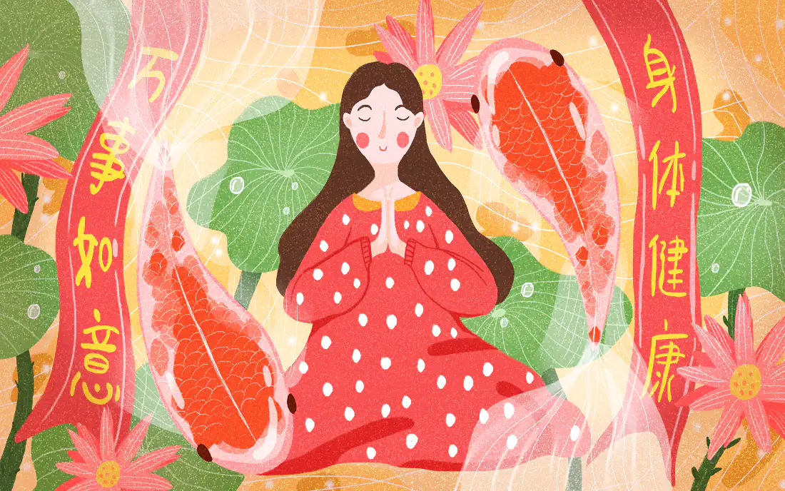 2k祈福少女｜锦鲤荷花新春祝福背景图片 - 二次元插画「哲风壁纸」