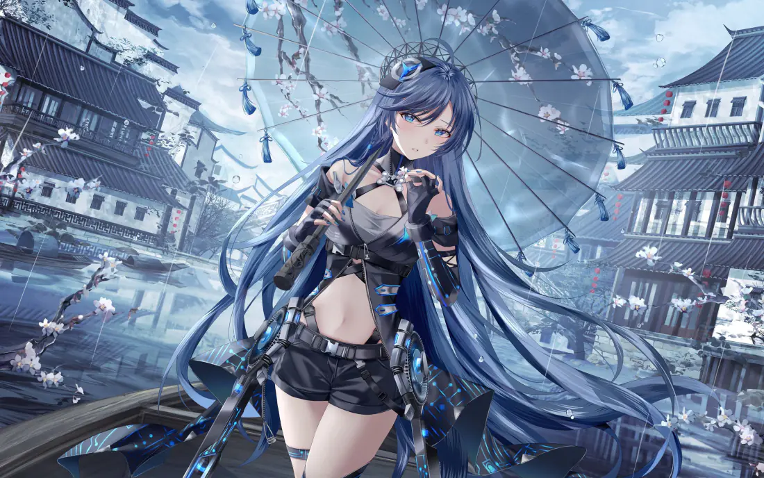 3k蓝发少女壁纸｜江南水乡背景图片 - 撑伞二次元美少女「哲风壁纸」