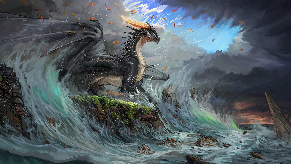 3k黑龙｜风暴海浪背景图片 - 奇幻巨龙插画「哲风壁纸」