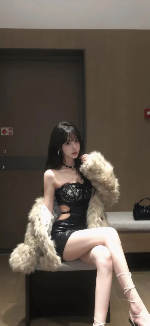 手机壁纸｜黑长直齐刘海美女 黑皮裙米白毛外套坐姿写真背景图片「哲风壁纸」