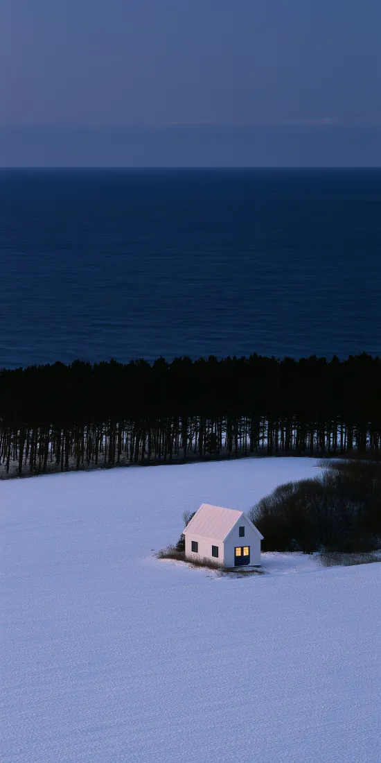 雪地小屋手机壁纸｜蓝调暮色背景图片 - 森林湖畔冬夜风景「哲风壁纸」