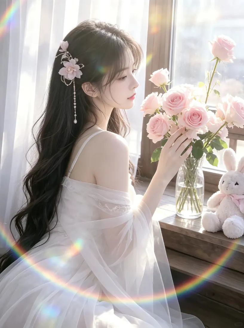 手机壁纸｜窗边白衣好身材少女与粉玫瑰柔光写真背景图片「哲风壁纸」