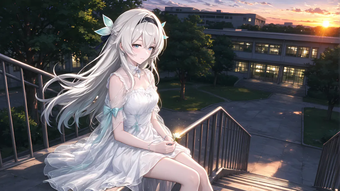 4k壁纸|崩坏星穹铁道流萤校园黄昏楼梯 - 白色连衣裙银发少女「哲风壁纸」 4k壁纸|崩坏星穹铁道流萤校园黄昏楼梯 - 白色连衣裙银发少女「哲风壁纸」