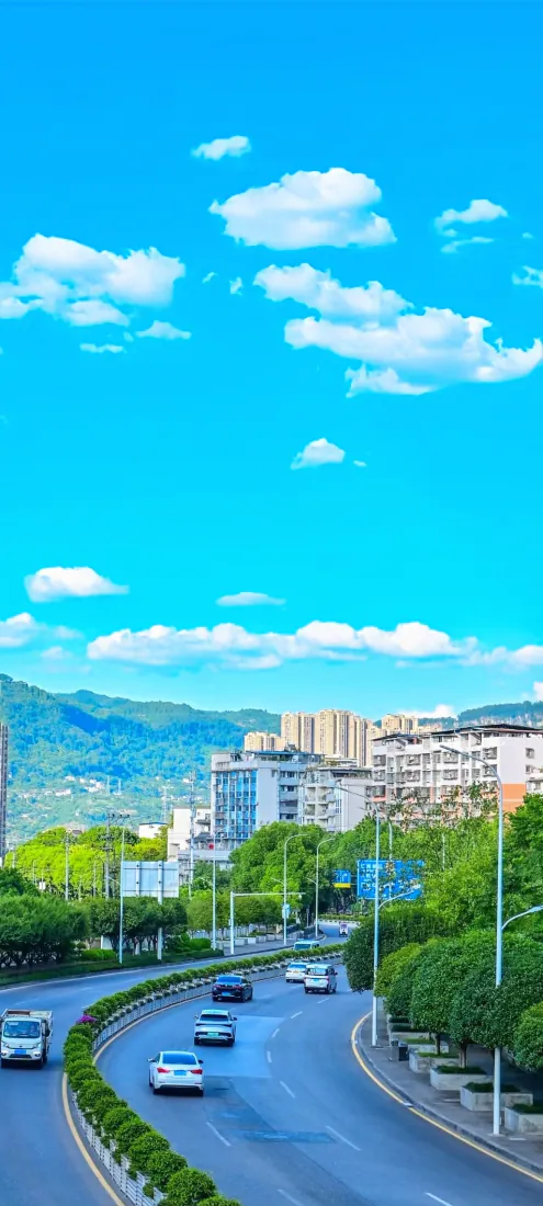 手机壁纸｜蓝天白云城市道路背景图片 - 晴朗城市风光「哲风壁纸」