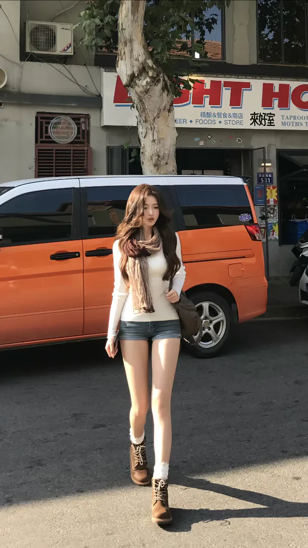 手机壁纸｜街拍长腿美女 橙色面包车牛仔短裤穿搭背景图片「哲风壁纸」