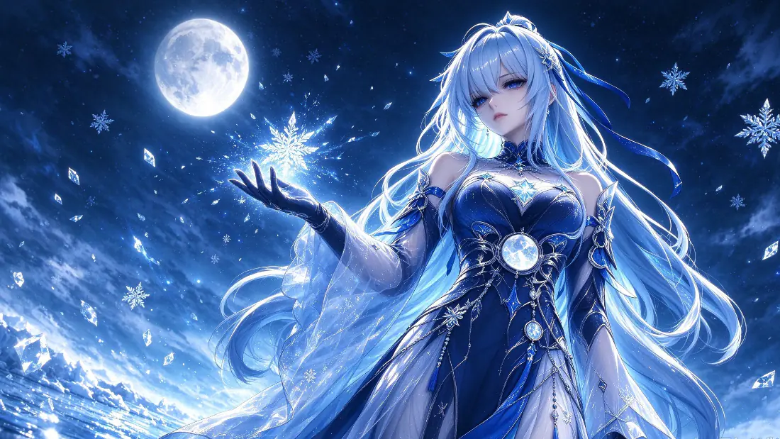 2k壁纸｜星穹铁道冰系御姐月夜雪景 - 蓝发长裙「哲风壁纸」