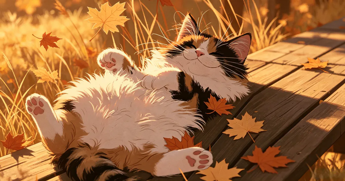 3k壁纸｜三花猫秋日暖阳木板落叶背景图片「哲风壁纸」