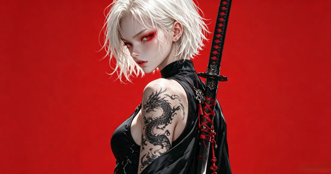 3k壁纸|白发纹身女武士红背景背景图片 - 酷飒二次元女战士「哲风壁纸」 3k壁纸|白发纹身女武士红背景背景图片 - 酷飒二次元女战士「哲风壁纸」