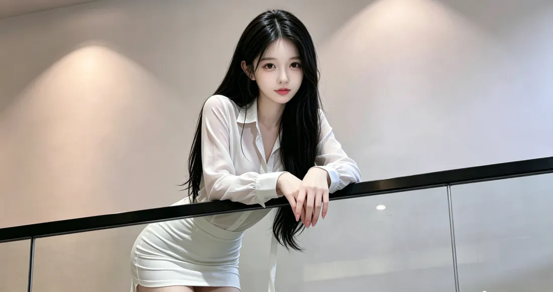 3k壁纸｜白衬衫包臀裙黑长直美女背景图片 - 室内栏杆写真「哲风壁纸」