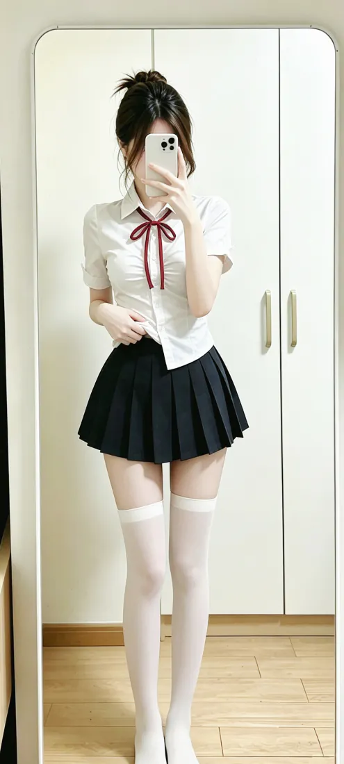 手机壁纸｜JK制服美女背景图片 - 对镜自拍白丝百褶裙写真「哲风壁纸」