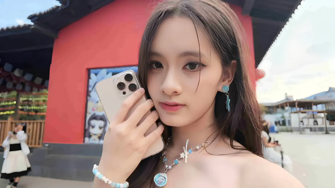 4k壁纸｜长发户外美女对镜自拍背景图片 - 红衣建筑前「哲风壁纸」