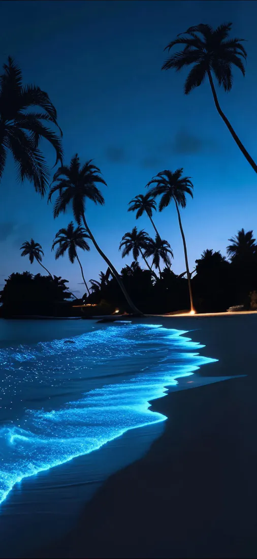 荧光海滩|蓝色海浪椰林夜景背景图片 - 静谧海滨「哲风壁纸」 荧光海滩|蓝色海浪椰林夜景背景图片 - 静谧海滨「哲风壁纸」