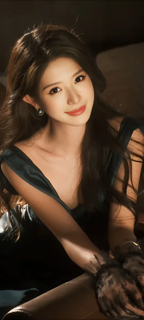 美女手机壁纸｜深V黑裙暖光微笑写真背景图片「哲风壁纸」