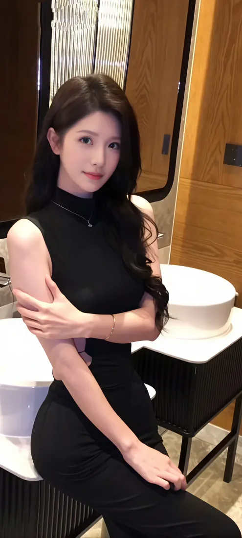 手机壁纸｜黑裙长发美女室内写真背景图片 - 气质优雅「哲风壁纸」