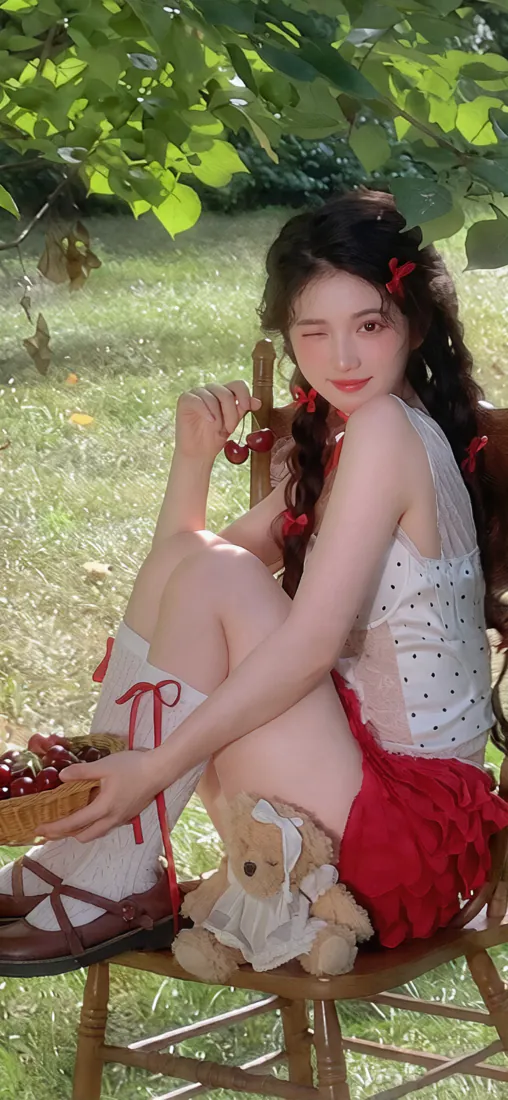 手机壁纸｜清纯户外林间草坪红裙少女写真背景图片「哲风壁纸」