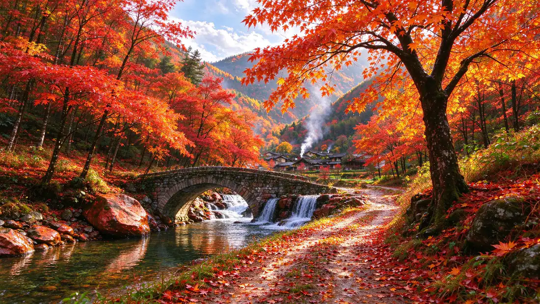 2k壁纸｜秋日山村秋景背景图片 - 红枫溪流瀑布石拱桥「哲风壁纸」