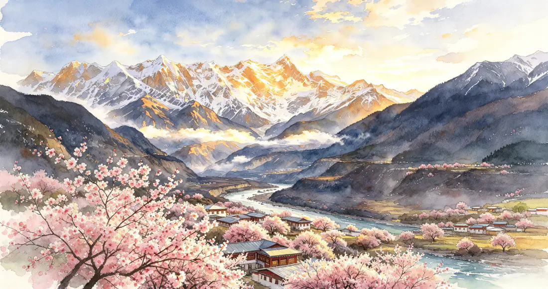 3k壁纸|水彩日照金山河谷桃花山水背景图片「哲风壁纸」 3k壁纸|水彩日照金山河谷桃花山水背景图片「哲风壁纸」