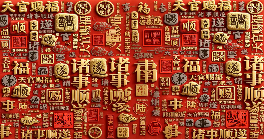 3k天官赐福壁纸｜红底金字浮雕背景图片 - 诸事顺遂吉祥国风「哲风壁纸」