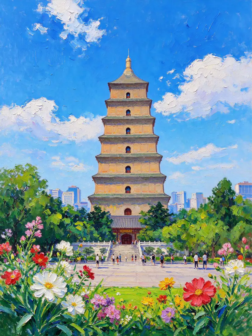 手机壁纸｜西安大雁塔油画背景图片 - 晴空古塔花海广场「哲风壁纸」