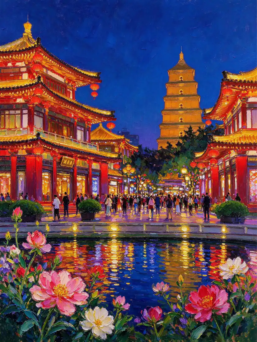 手机壁纸｜西安大雁塔大唐不夜城夜景倒影 - 唐风花卉背景图片「哲风壁纸」