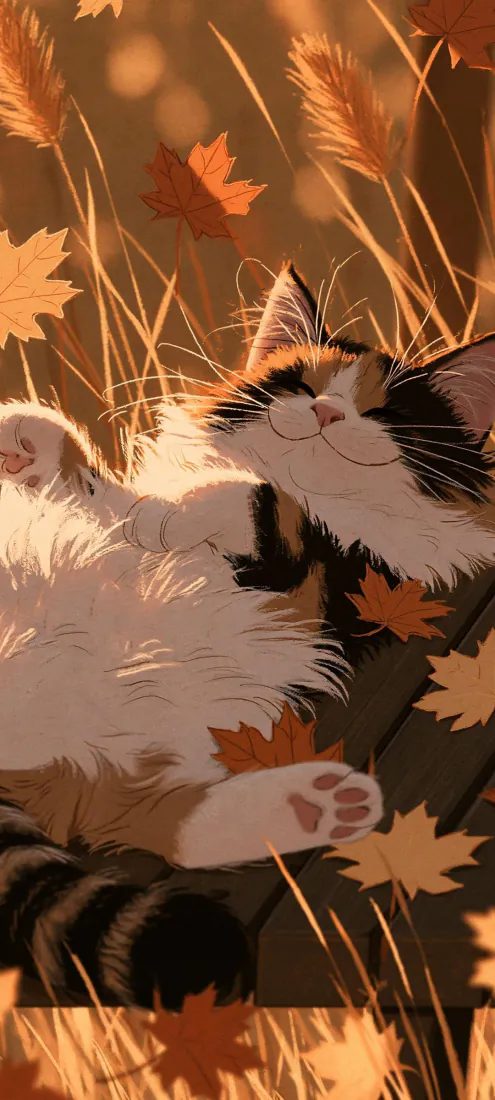 手机壁纸｜秋日三花猫慵懒枫叶芦苇背景图片 - 治愈暖黄手绘插画「哲风壁纸」