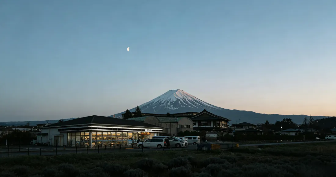 3k壁纸｜富士山黄昏月色乡村背景图片 - 静谧自然风景「哲风壁纸」