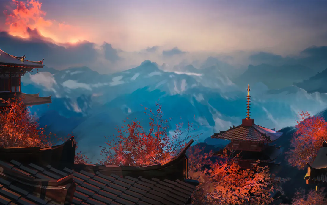 3k壁纸｜中式古风秋山古建云海黄昏背景图片 - 二次元场景「哲风壁纸」
