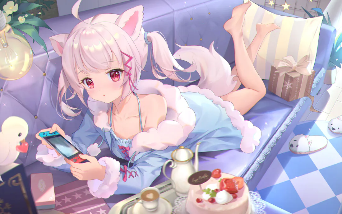 3k壁纸｜猫耳少女居家玩掌机背景图片 - 二次元萌系少女「哲风壁纸」