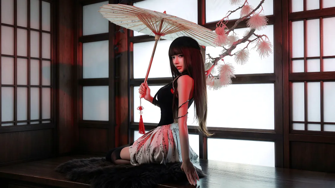 2k壁纸｜美女模特撑油纸伞日系和风写真背景图片「哲风壁纸」
