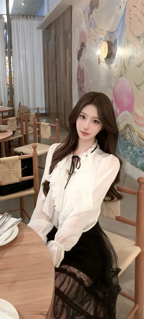 手机壁纸｜长发白衬衫黑纱裙美女餐厅背景图片「哲风壁纸」