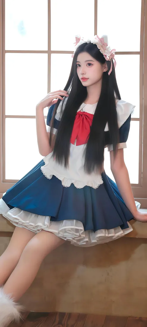 手机壁纸｜清纯黑长直女仆装少女窗边写真背景图片「哲风壁纸」
