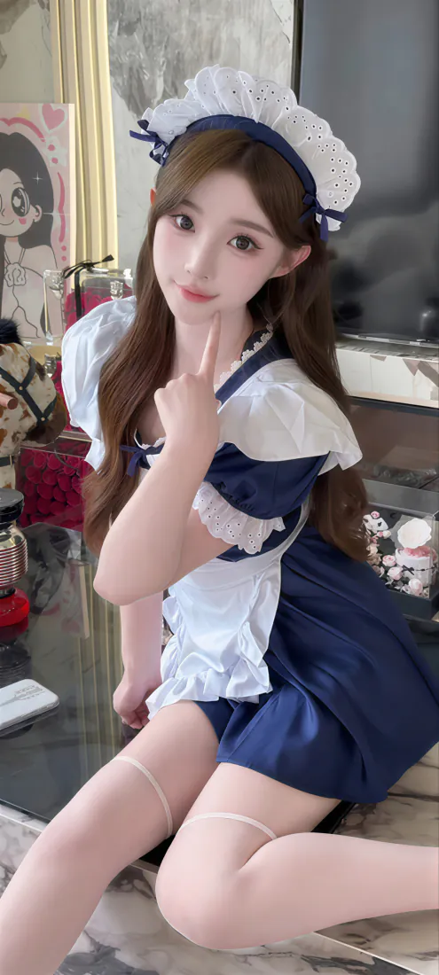 手机壁纸｜白丝女仆背景图片 - 蓝白女仆装长卷发美女写真「哲风壁纸」