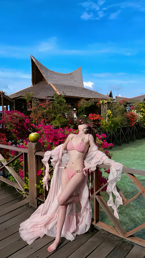 手机壁纸｜背景图片 - 粉色比基尼纱裙美女三角梅写真「哲风壁纸」