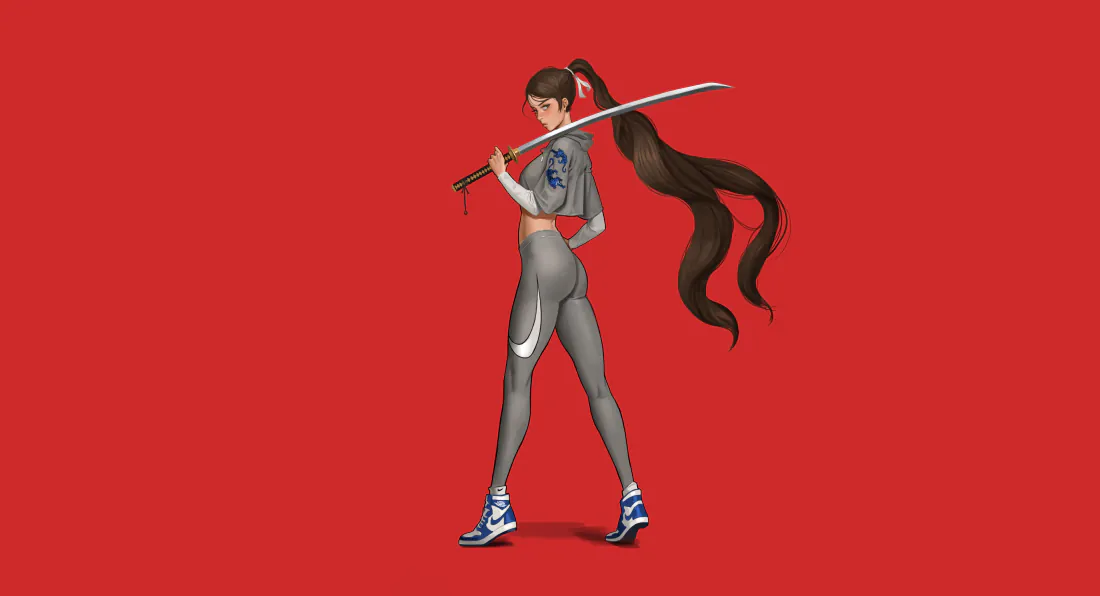 5k壁纸|持武士刀的高马尾女武士红色背景 - 动漫风运动穿搭「哲风壁纸」 5k壁纸|持武士刀的高马尾女武士红色背景 - 动漫风运动穿搭「哲风壁纸」
