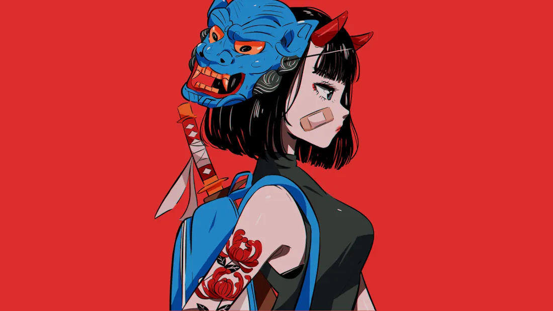 2k壁纸｜般若面具鬼面少女武士背景图片 - 红底纹身动漫女「哲风壁纸」