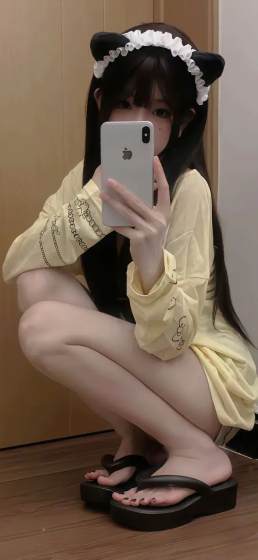 手机壁纸｜自拍猫耳发箍黄衣美女蹲姿背景图片「哲风壁纸」