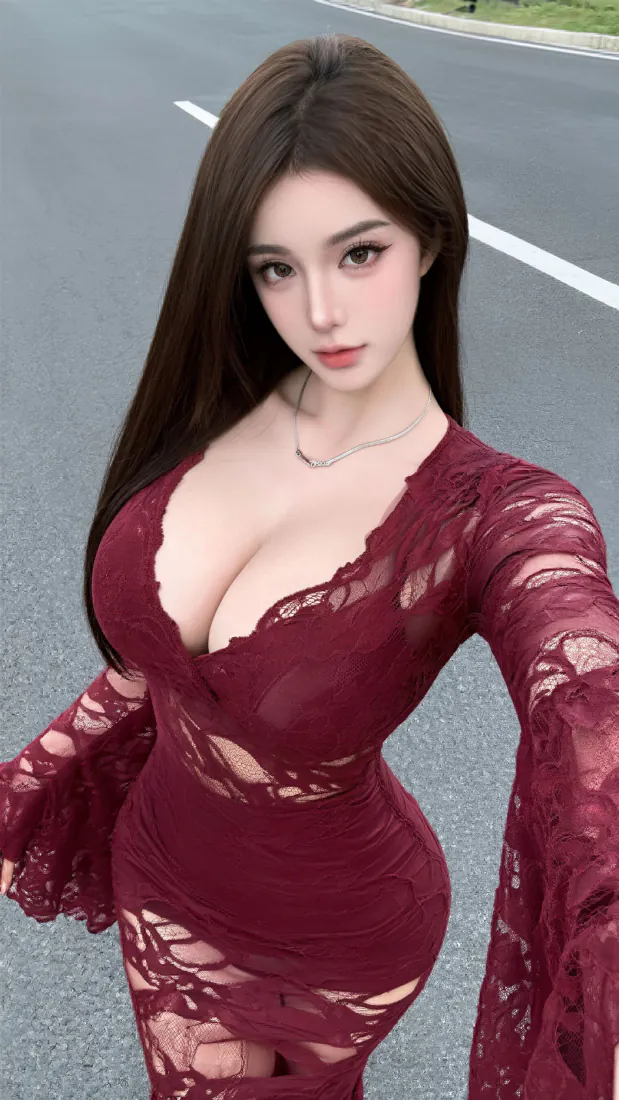 手机壁纸｜酒红色深V蕾丝紧身裙美女户外公路自拍背景图片「哲风壁纸」