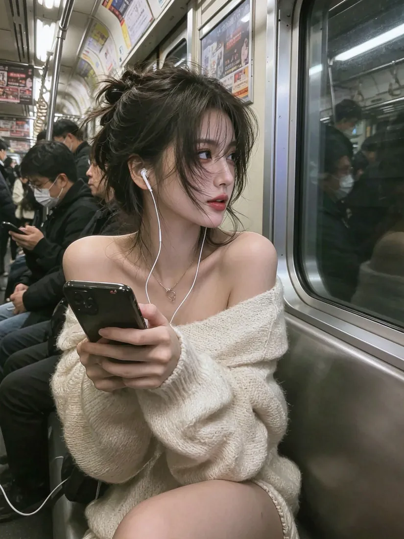 地铁美女手机壁纸｜露肩毛衣耳机女孩背景图片「哲风壁纸」