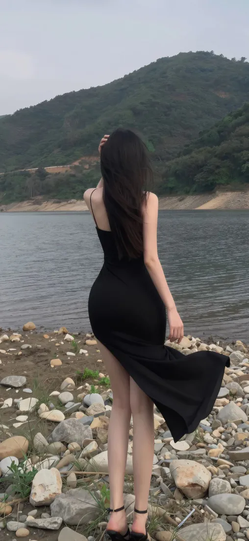手机壁纸｜湖边黑裙美女背影 - 户外写真背景图片「哲风壁纸」