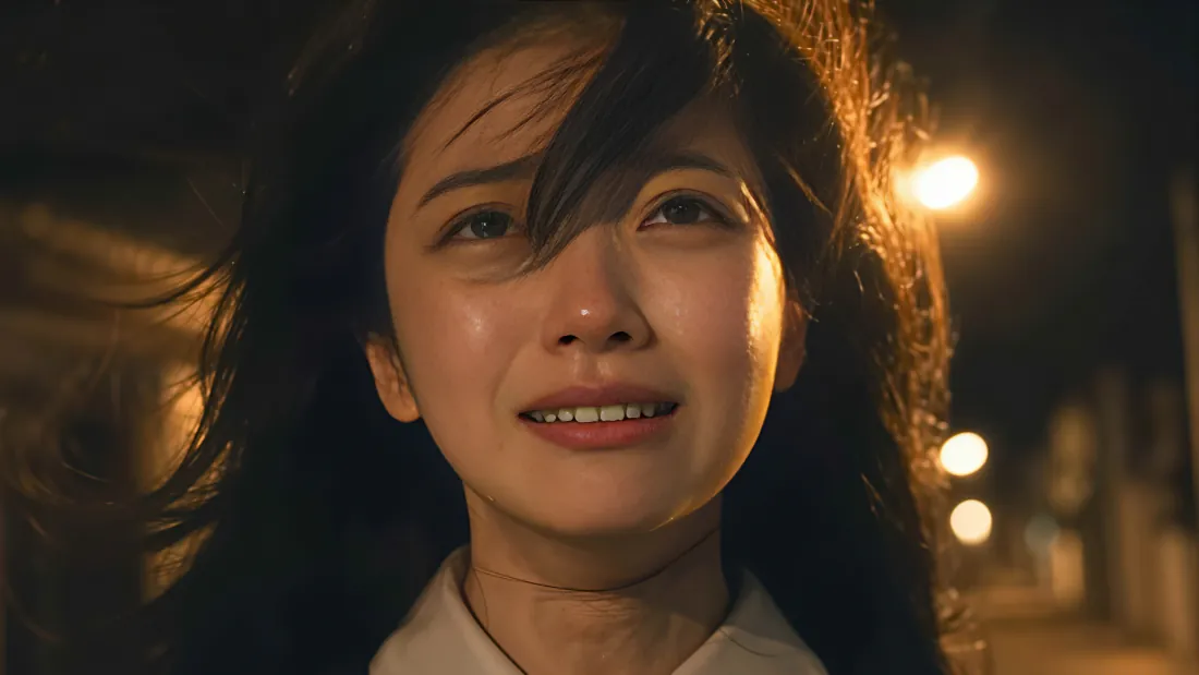 4k壁纸｜夜晚路灯下含泪微笑白衣长发美女背景图片 - 夜景人像「哲风壁纸」