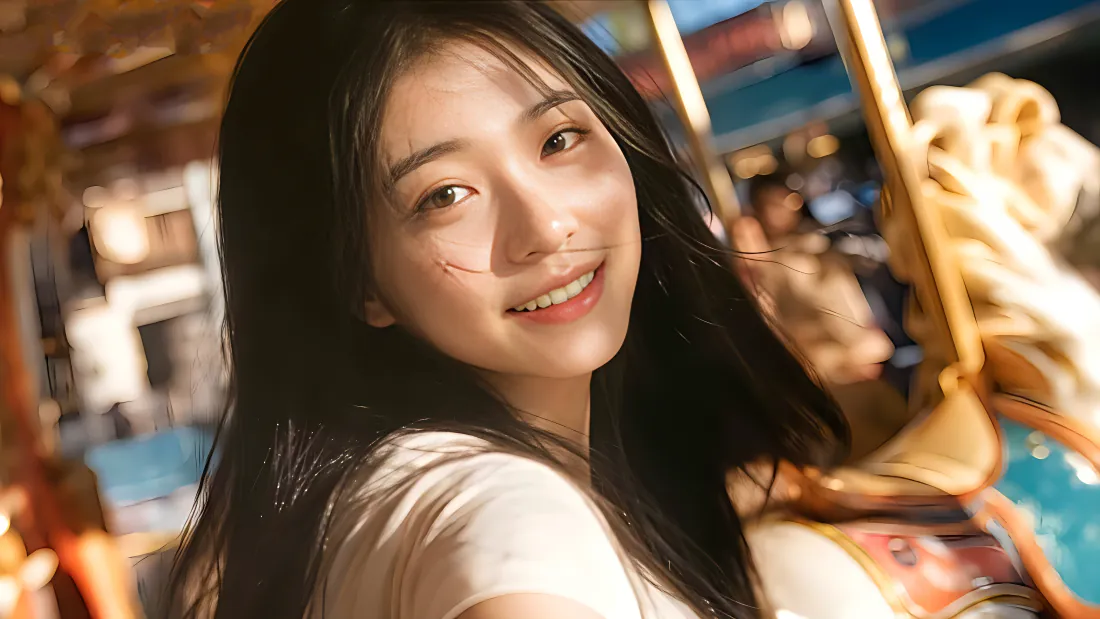 4k壁纸|游乐园旋转木马白衣微笑黑发美女背景图片 - 暖黄氛围感写真「哲风壁纸」 4k壁纸|游乐园旋转木马白衣微笑黑发美女背景图片 - 暖黄氛围感写真「哲风壁纸」