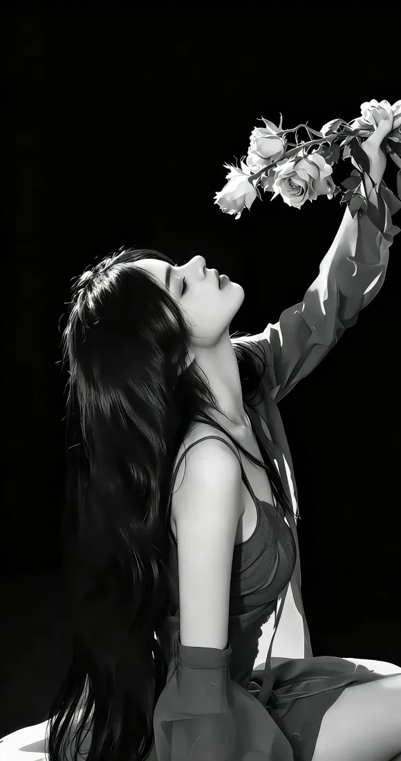 手机壁纸｜手持玫瑰黑白舞台人像背景图片 - 长发美女仰首造型「哲风壁纸」