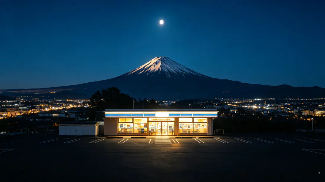 3k壁纸｜富士山夜景便利店背景图片 - 月夜日本城镇「哲风壁纸」