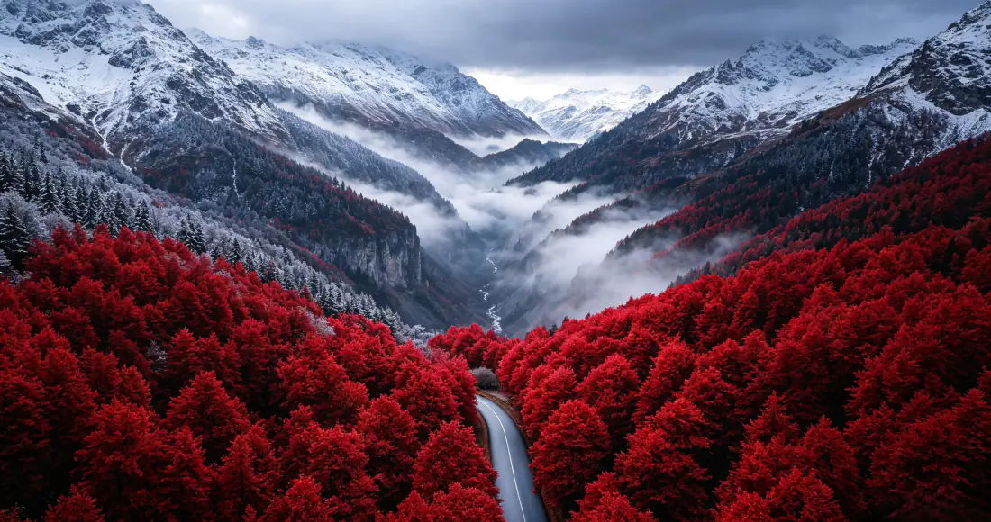 3k壁纸|红色森林雪山山谷云海公路背景图片 - 自然风景「哲风壁纸」 3k壁纸|红色森林雪山山谷云海公路背景图片 - 自然风景「哲风壁纸」