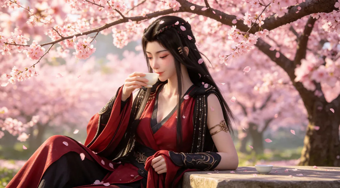 3k壁纸｜元瑶 樱花树下饮茶 - 红衣古风修仙少女「哲风壁纸」