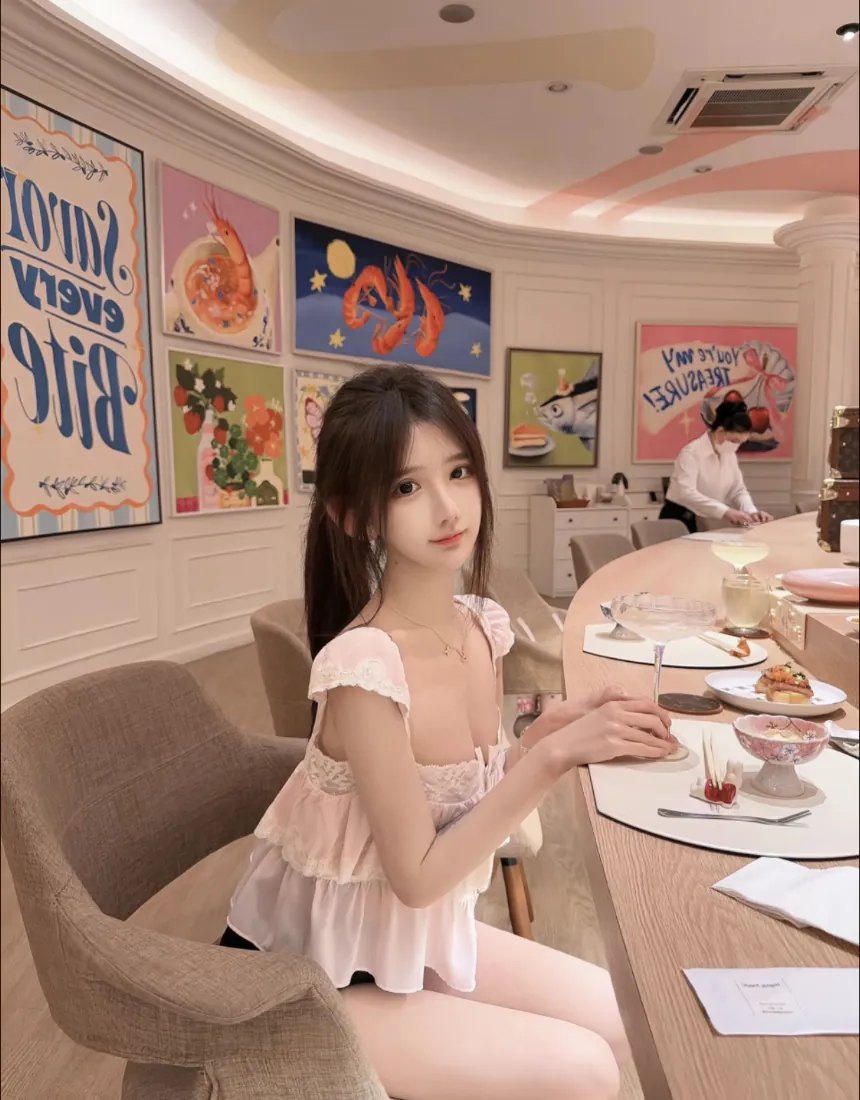 清纯长发少女手机壁纸｜甜美餐厅写真背景图片 - 粉色上衣「哲风壁纸」