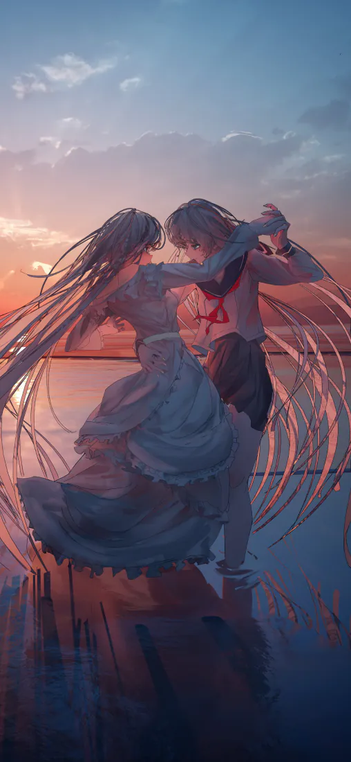 插画|黄昏海边双人共舞 浪漫日落白裙少女「哲风壁纸」 插画|黄昏海边双人共舞 浪漫日落白裙少女「哲风壁纸」