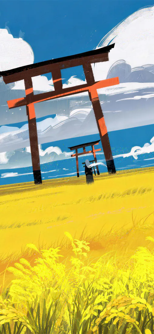 卡通插画手机壁纸｜海边鸟居金色麦田背景图片 - 日系清新风景「哲风壁纸」