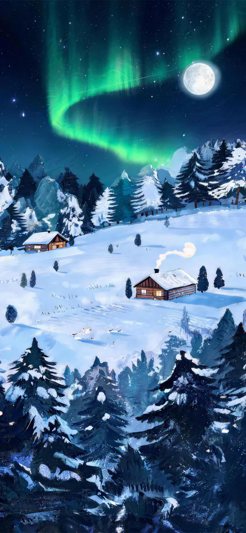 卡通极光雪景手机壁纸｜雪地木屋背景图片 - 冬夜森林月夜「哲风壁纸」