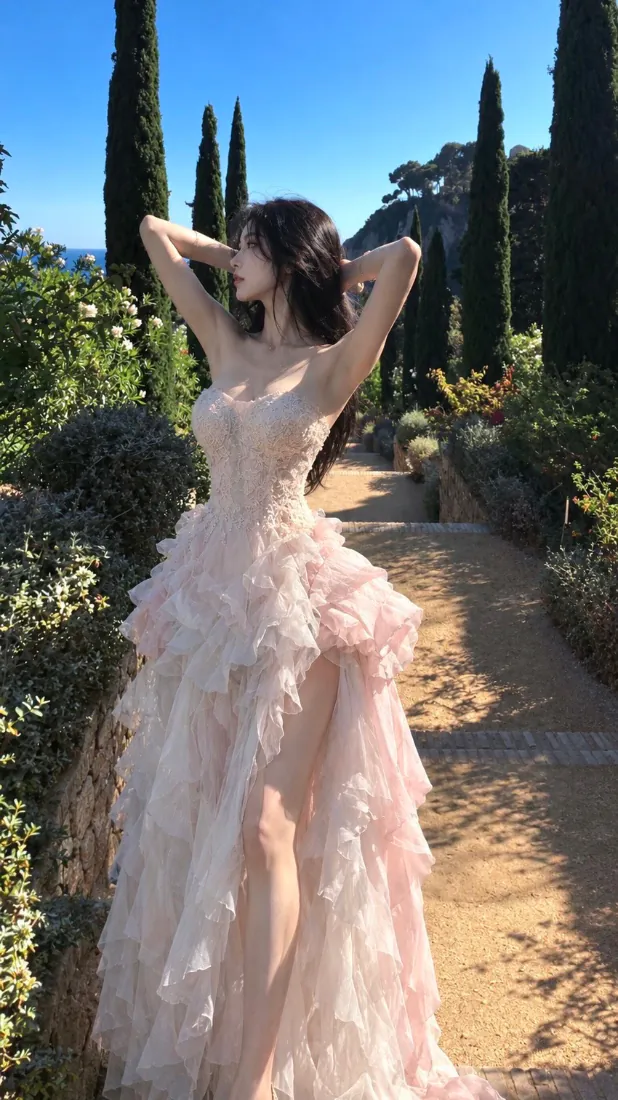 手机壁纸｜粉纱长裙美女花园写真 清新氛围感背景图片「哲风壁纸」